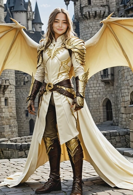 I am a member of the Order of Heroes of Light. I am a very slender, tall, fit, and young man. I am a dragon in human form. I have dragon wings behind my back, dark skin, golden eyes, long and wavy hair, and an unusual fantasy outfit in a very light cream color. I am located in a castle