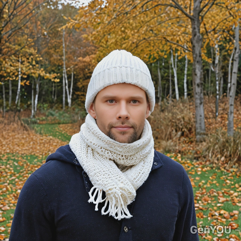 wearing a wool hat and scarf, on a chilly autumn day
