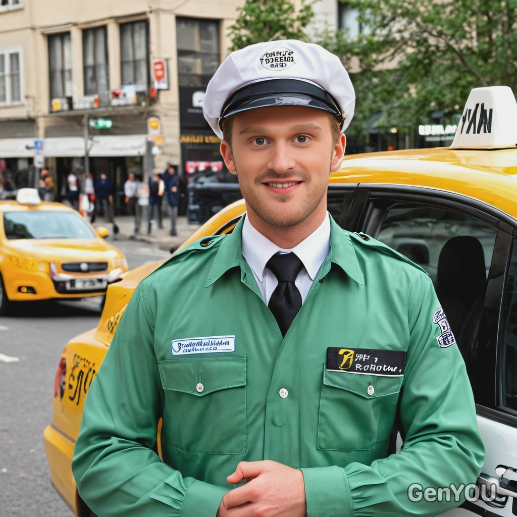 as a taxi driver in a neat uniform, swith a friendly smile