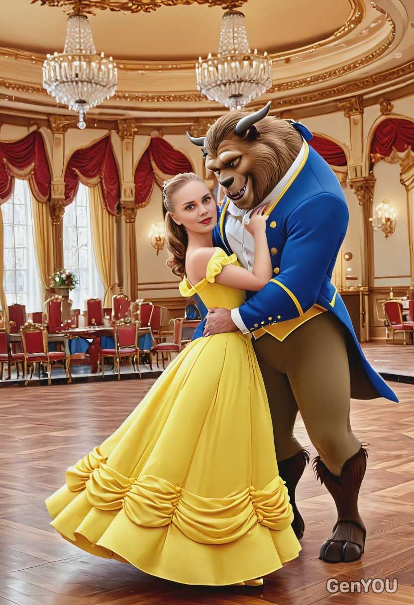 as Belle dancing with the beast in a ball room, cartoon style