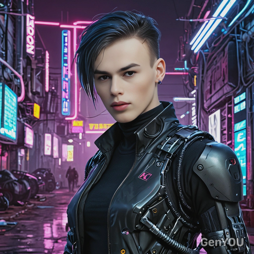 a cyberpunk human engineer, cyberware, neon lights 