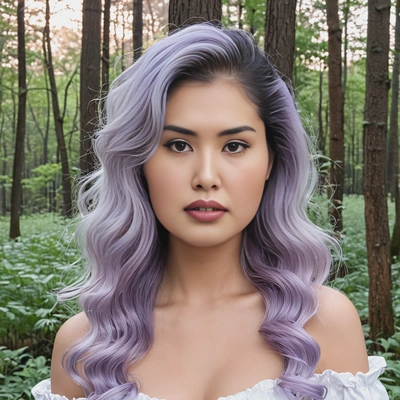 loose waves in pastel lavender fading into icy white tips, styled for a romantic flow, set in a magical forest background