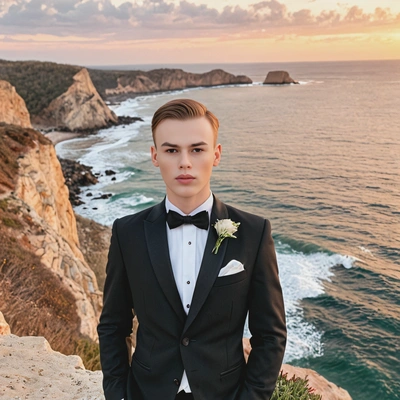 as a groom in a classic black tuxedo with a bow tie, standing on a cliff overlooking the ocean at sunset