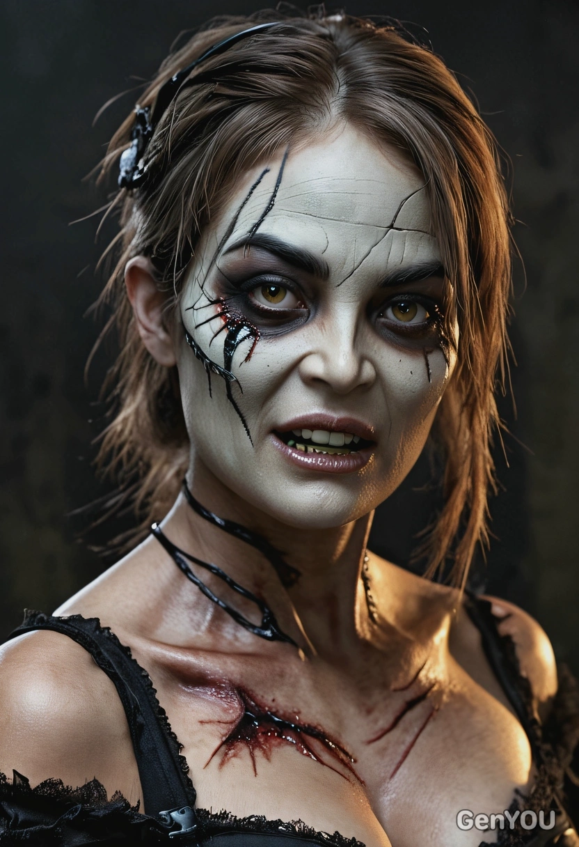 crooked revenant, a corporeal vengeful undead at a Halloween party, dynamic pose, dark blurred background, high-quality professional shot, eyes on you