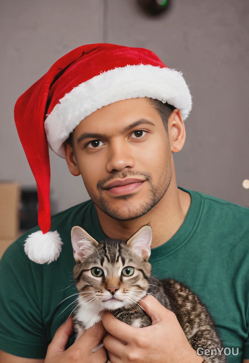 with his cat wearing a tiny Santa hat, soft focus 