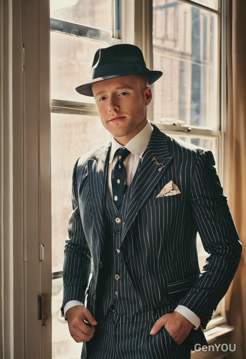 Roaring 20s vibes, Dapper gangster in pinstripe suit, fedora, morning rays from the window
