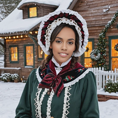 dressed as a Victorian caroler, wearing a vintage-style holiday coat and bonnet, standing in front of a snow-covered cottage with a lighted Christmas tree inside, close up photo 