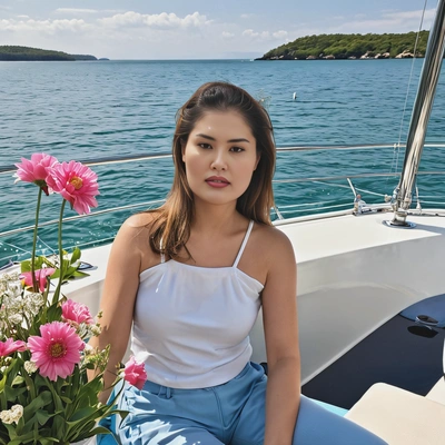 sitting on a yacht, with spring flowers and crystal-clear waters