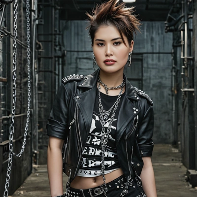 as a K-pop idol, dressed in a punk-inspired outfit with spikes and chains, posing for a moody photoshoot in a dark, industrial setting
