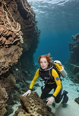 a diver discovering a sunken city at the bottom of the ocean