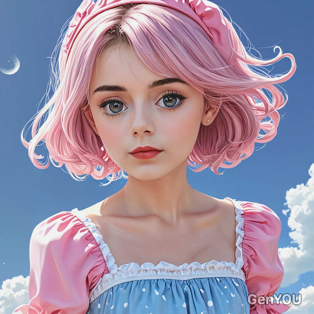 in a cute pink dress, blue sky, anime, big eyes, manga drawing