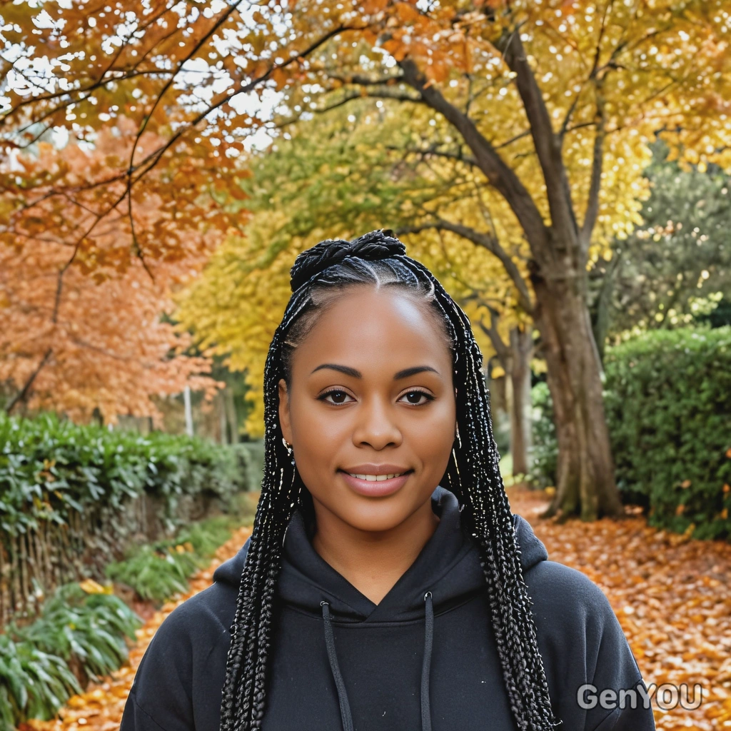 with box braids, wearing a cropped fleece hoodie, against a backdrop of autumn leaves, soft focus, blurred background