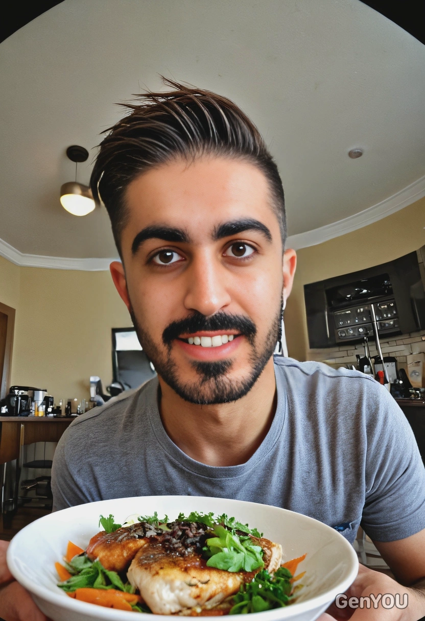 a food blogger eating on camera, undercut hair, fisheye style