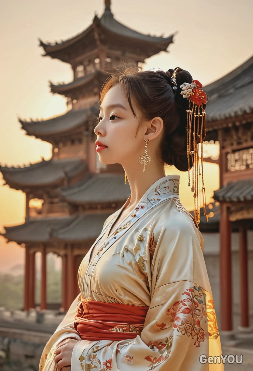 Tang Dynasty China, Imperial concubine in hanfu, silk robes, romantic posing, dreamy look, profile view, blurry temple background, sunset
