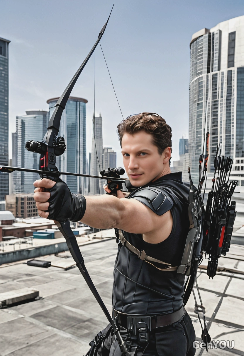 Hawkeye taking aim with a high-tech arrow, on a rooftop in futuristic city