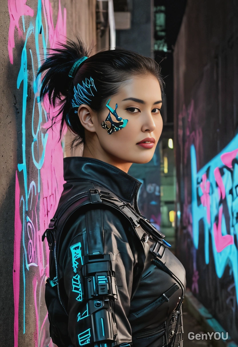 A cyberpunk graffiti artist, near a wall with glowing paint at night