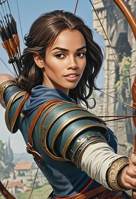 as an archer, medieval setting, high-quality stylized art, eyes on you, cartoonish style, visible brushstrokes 
