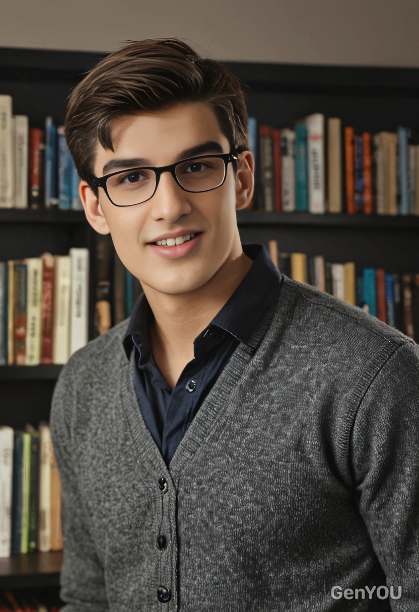 wearing glasses, at the minimalistic home library, dark lighting, blurred background