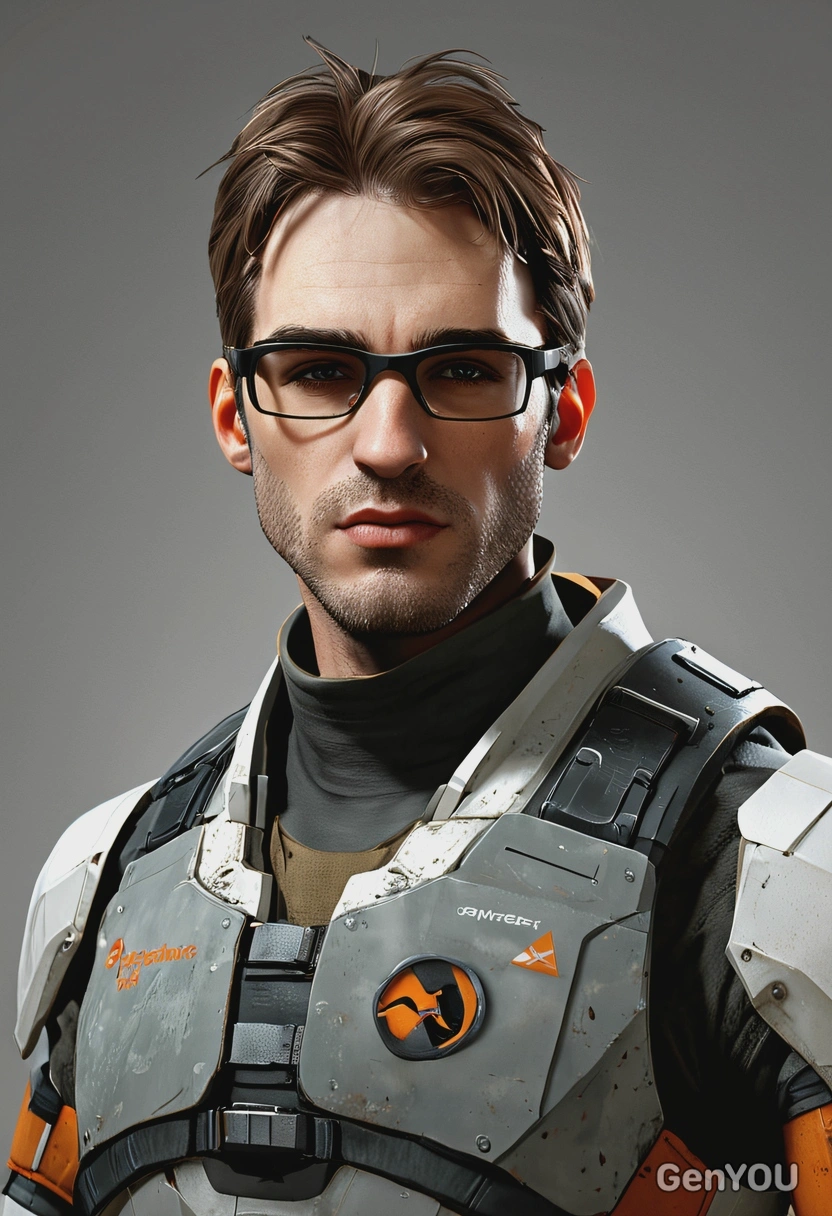 Old 3d graphic style, low-poly game render, Gordon Freeman in HEV suite, whiteout glasses, Half-Life 1, underground base background, knee-up portrait