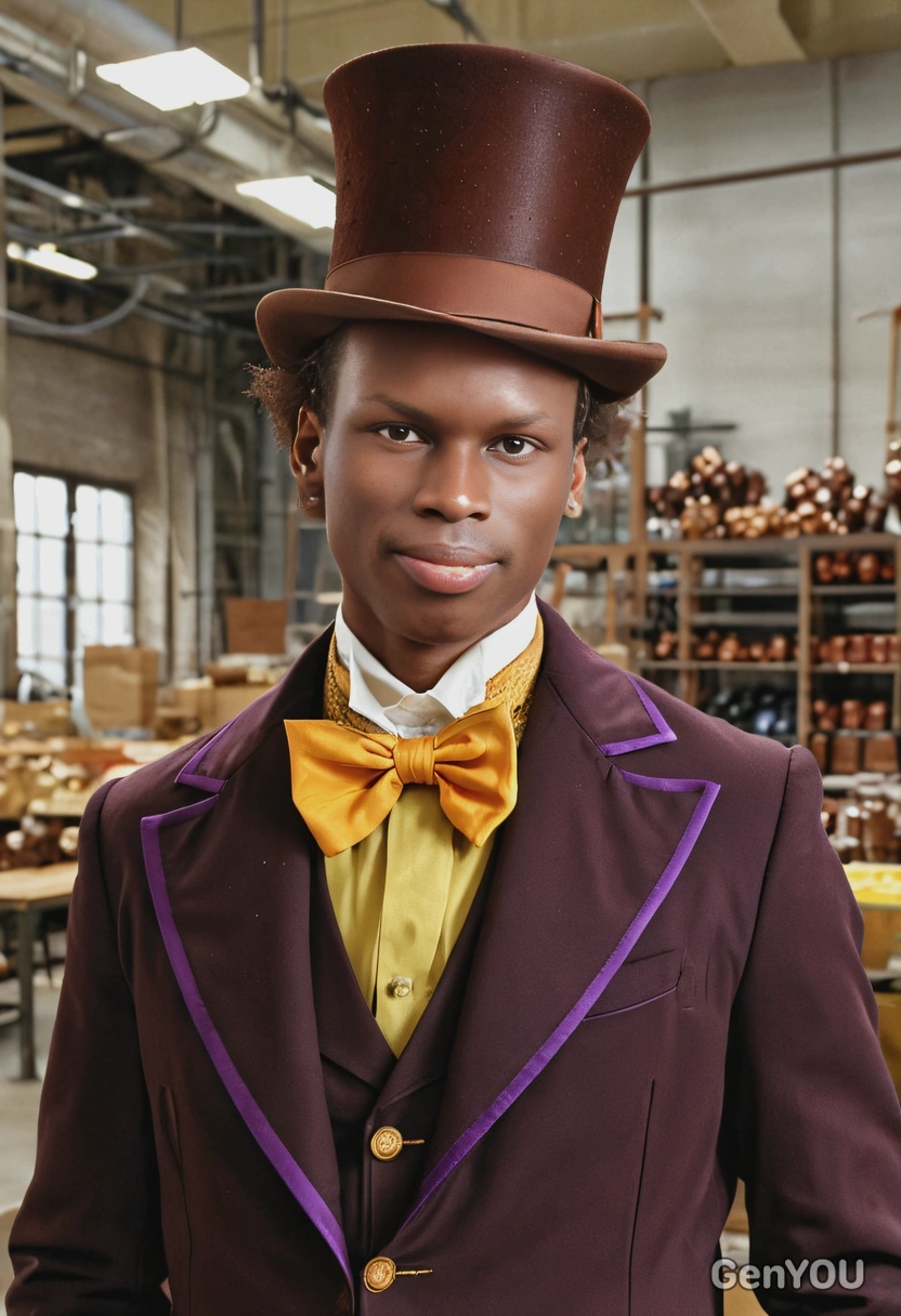 as Willy Wonka in an eccentrically stylish suit with a top hat, in his chocolate factory, mid-shot 
