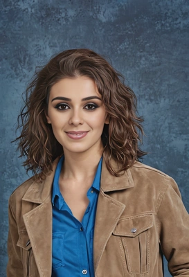 student with tousled hair, in a suede jacket, with a calm, cool presence, blue yearbook background