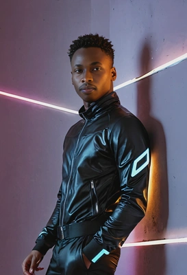 leaning against a neon-lit wall, in futuristic outfit