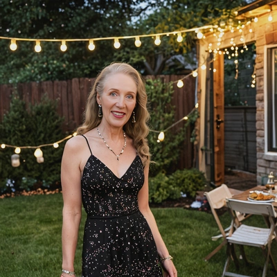 standing in a backyard party with string lights and lanterns, wearing sophisticated dress