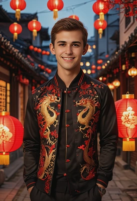 Full-body Lunar New Year portrait of me, lean athletic, clean-shaven, subtle dragon embroidery on fitted jacket, confident relaxed posture, teasing smile, glowing red lanterns behind me, warm golden lighting, vibrant festive atmosphere, realistic anatomy, gentle smile