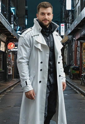 in a long  futuristic trench coat, standing in a dark cyberpunk street