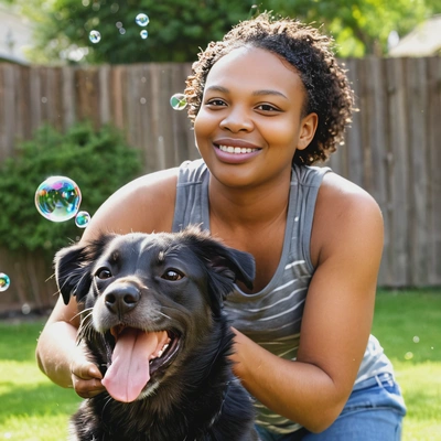 smiling, with her dog catching bubbles in the backyard, soft focus, blurred background 