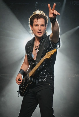 A 1980s rock star rocking out solo on stage with a bright spotlight