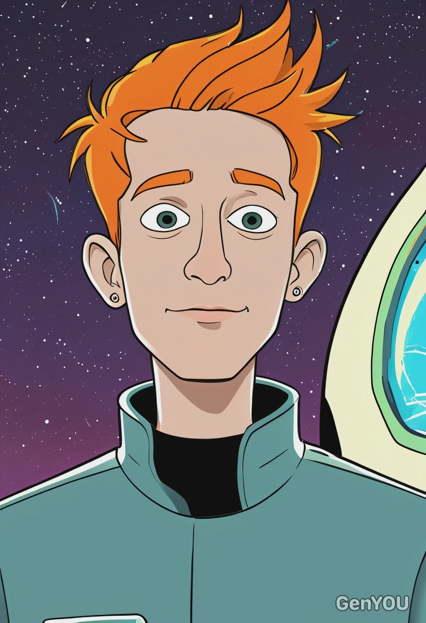 Hand-drawn flat cartoon style, Fry from Futurama, simple cartoon lines, oversized eyes, neon spaceship lighting, waist-up portrait, Planet Express background