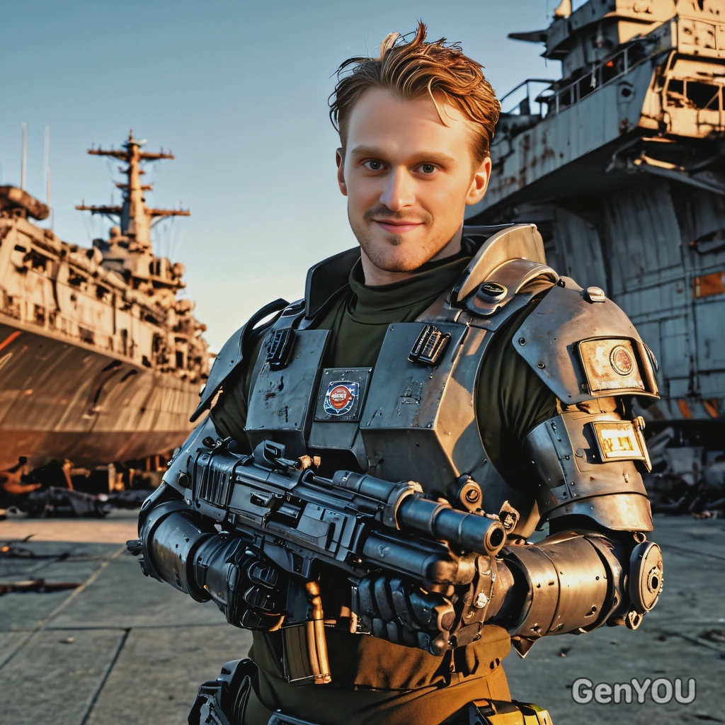 as a cosplayer of post nuclear game, cyberpunk, tattered rusty power armor, short military style haircut, smiling, holding a futuristic laser gun, looking straight at camera, a shabby rusty aircraft carrier on horizon, bright evening, sun, vivid colors, high-quality cinematographic style