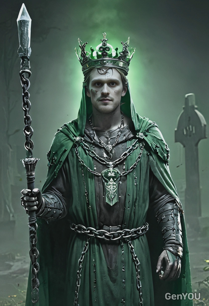 as king of the dead, in crown, chains, torn robes, green light in a fog-covered cemetery, with scepter, looking directly at camera, vivid colors, symmetrical clothing details, 3D video game style, high-quality stylized art