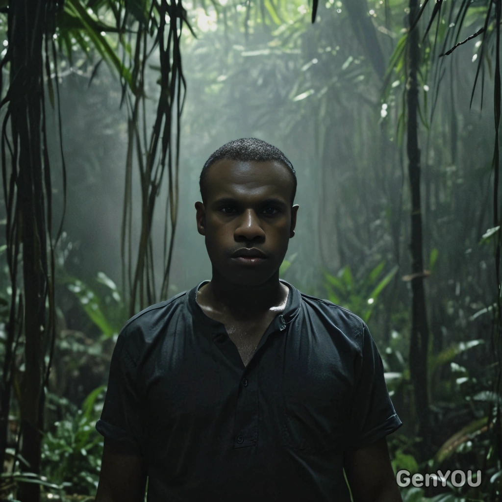 standing in the jungle confindent dark light portait blurred background movie still