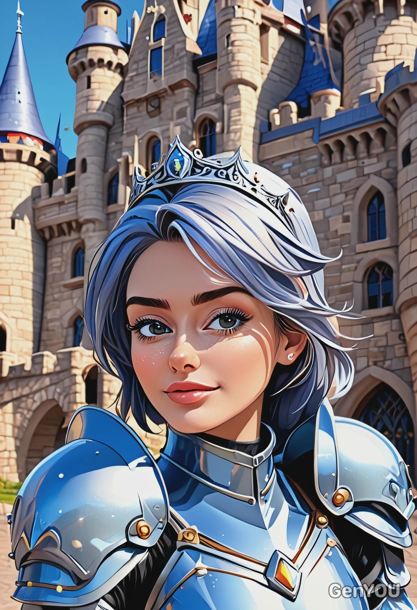 2D cartoon style, colorful, bold outlines, cell shading, female knight with crystal armor, oversized cartoon big sparkling eyes, magical castle background