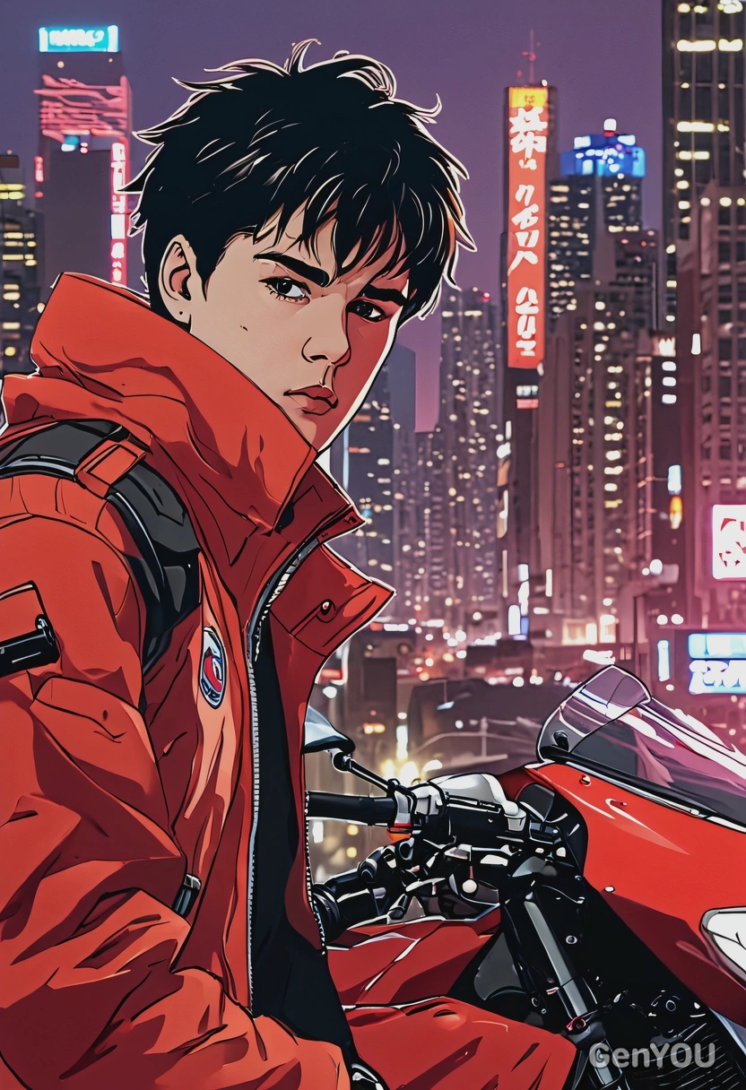 2D anime style, classic Akira aesthetics, bold ink outlines, In Akira anime as Kaneda, intense gaze, oversized anime eyes, slightly ruffled dark hair, red jacket billowing in the wind, standing in front of his sleek red motorcycle, futuristic city skyline glowing behind, close-up frame