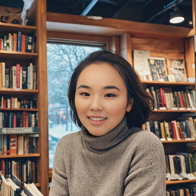 Cozy bookstore turtleneck snow window author