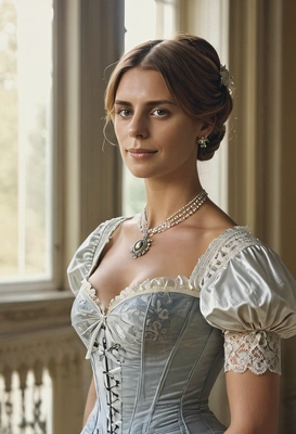Elegant lady from the Victorian era in elegant corseted dress, cameo brooch, blurry Victorian palace hall in the background, sun rays from the huge window