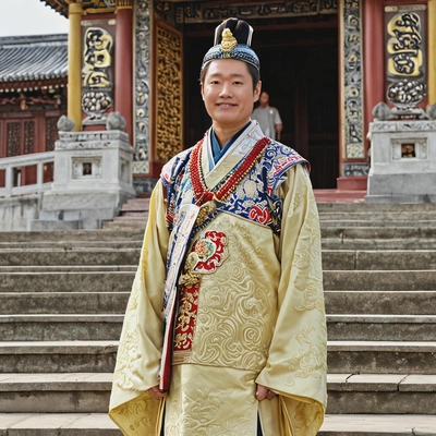 An East Asian emperor standing on the steps of a grand pagoda