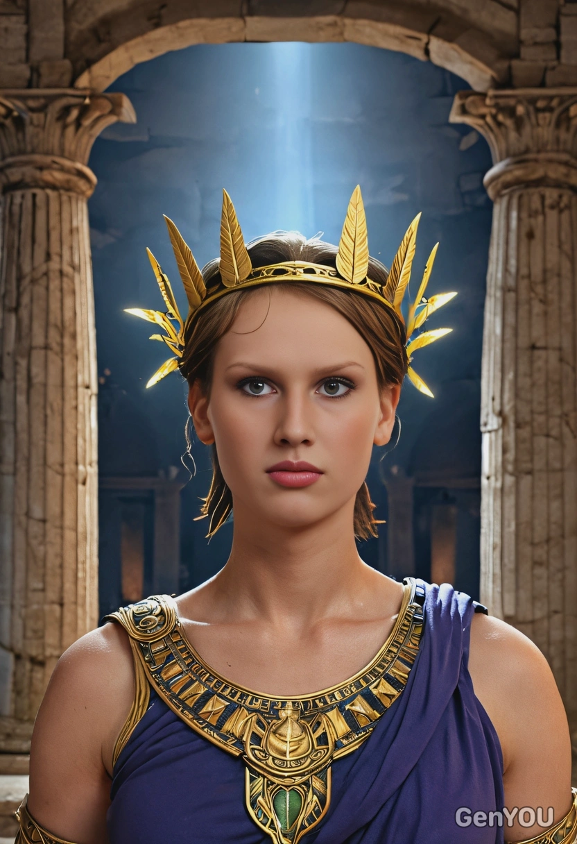 as an ancient Greek god, casting bolts of light, crown of laurel, night, inside an abandoned Greek temple, close-up shot, looking at you, vivid colors, symmetrical clothing details, 3D video game style, high-quality stylized art
