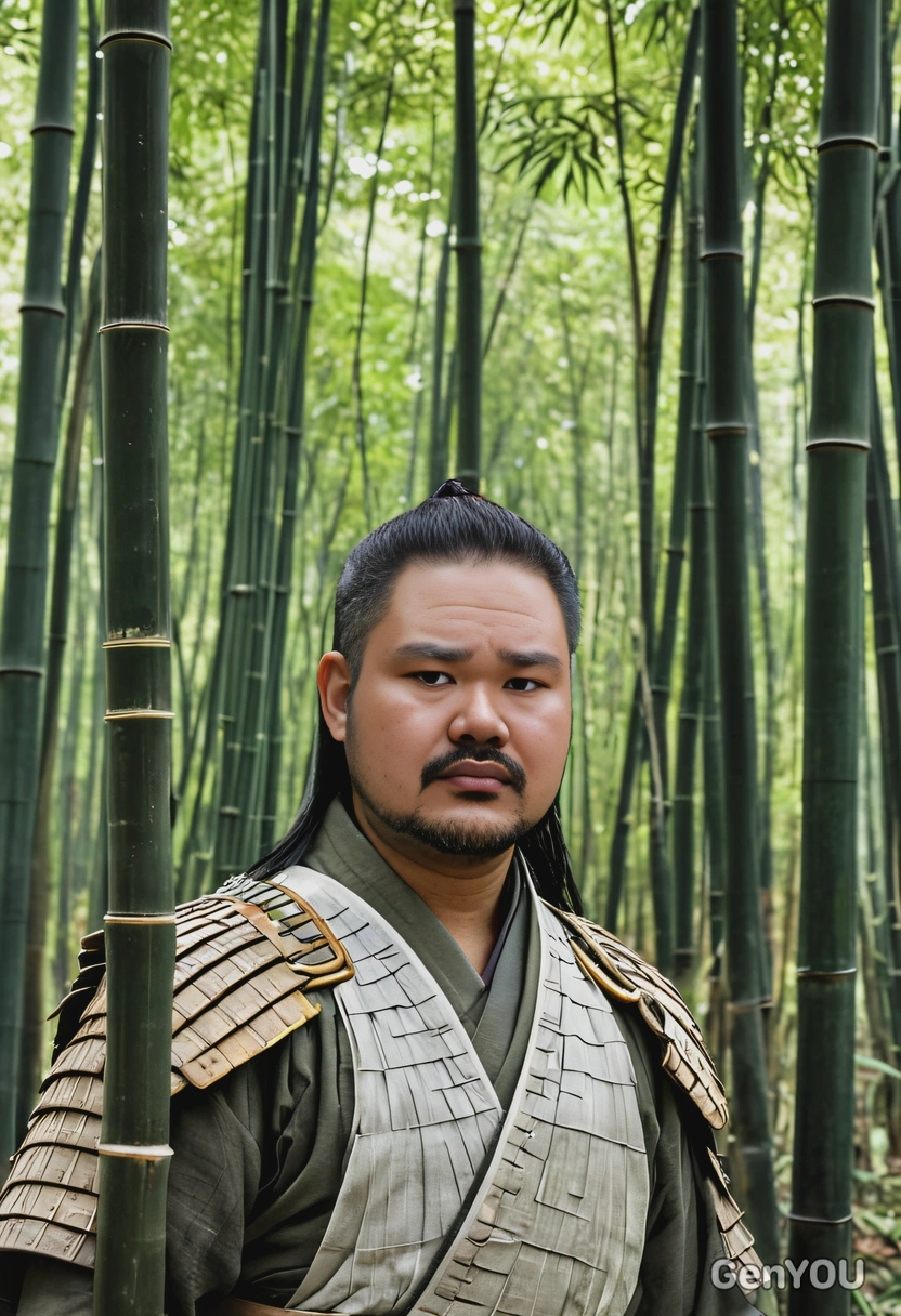 An ancient Japanese warrior, in a serene bamboo forest