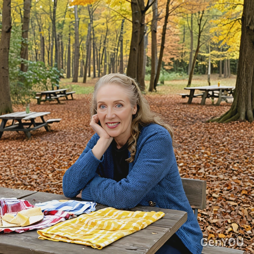 sitting at a picnic table in the woods, autumn trees on the background