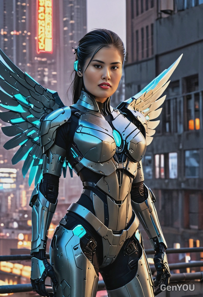 with cybernetic wings, standing on the rooftop of a building, full-body armor, no open skin, fully clothed, the glowing neon city behind, blurry background, cyberpunk setting
