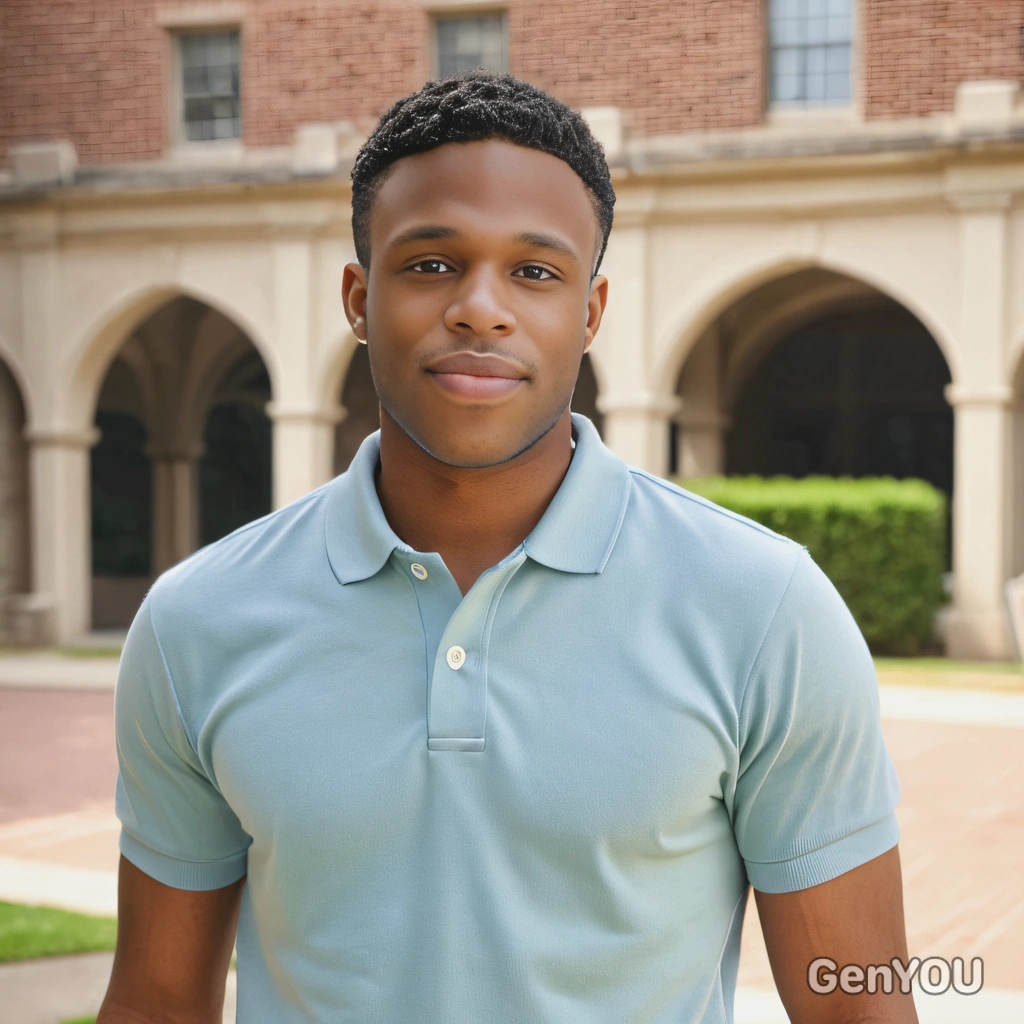in a blank polo shirt, against the backdrop of a college campus, soft focus, blurred background, looking at viewer, midday outdoor lighting, sharp skin texture