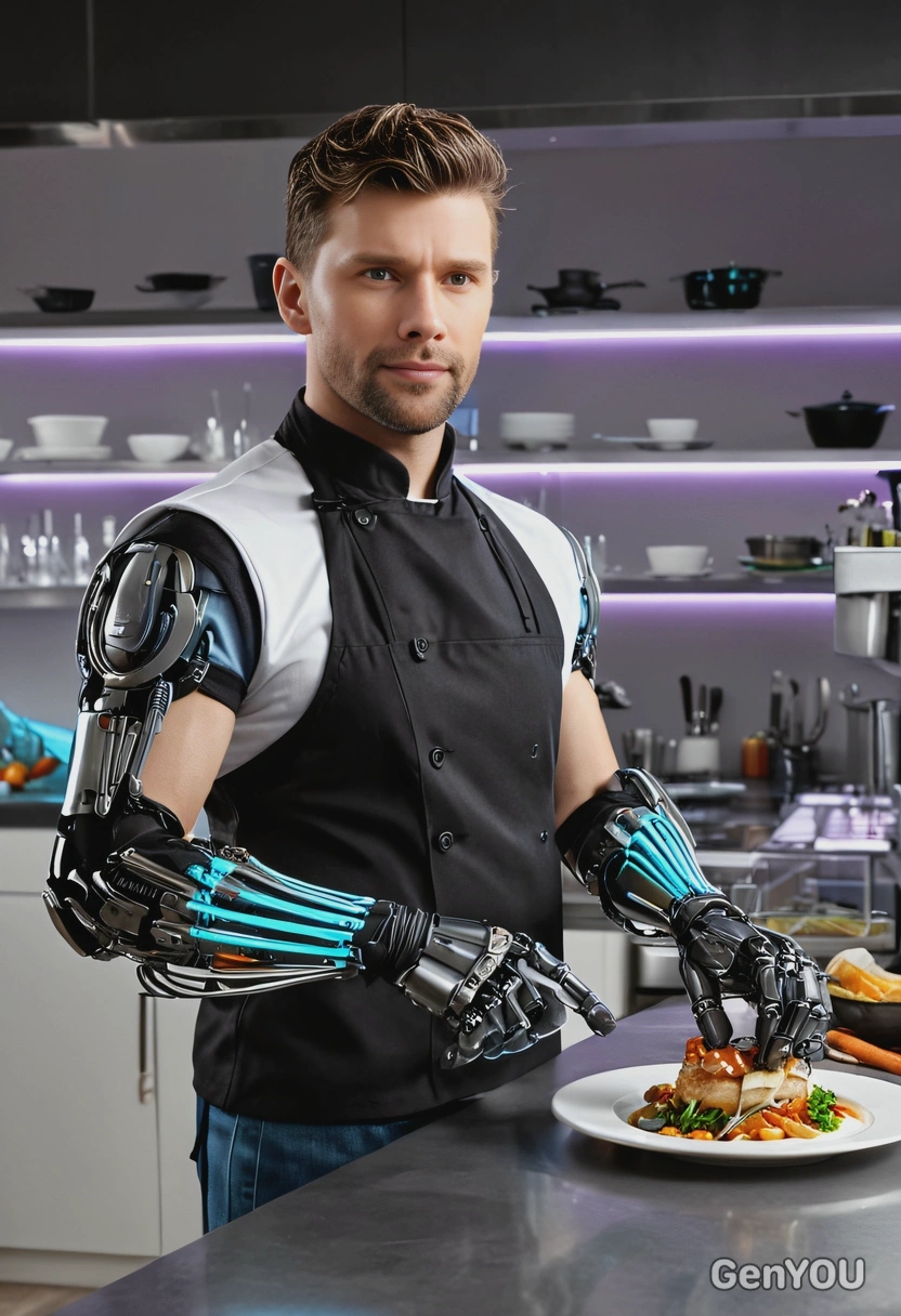 as a chef with a cybernetic arm, in a professional kitchen with neon lights,plating a gourmet dish with a focus on presentation, half body view
