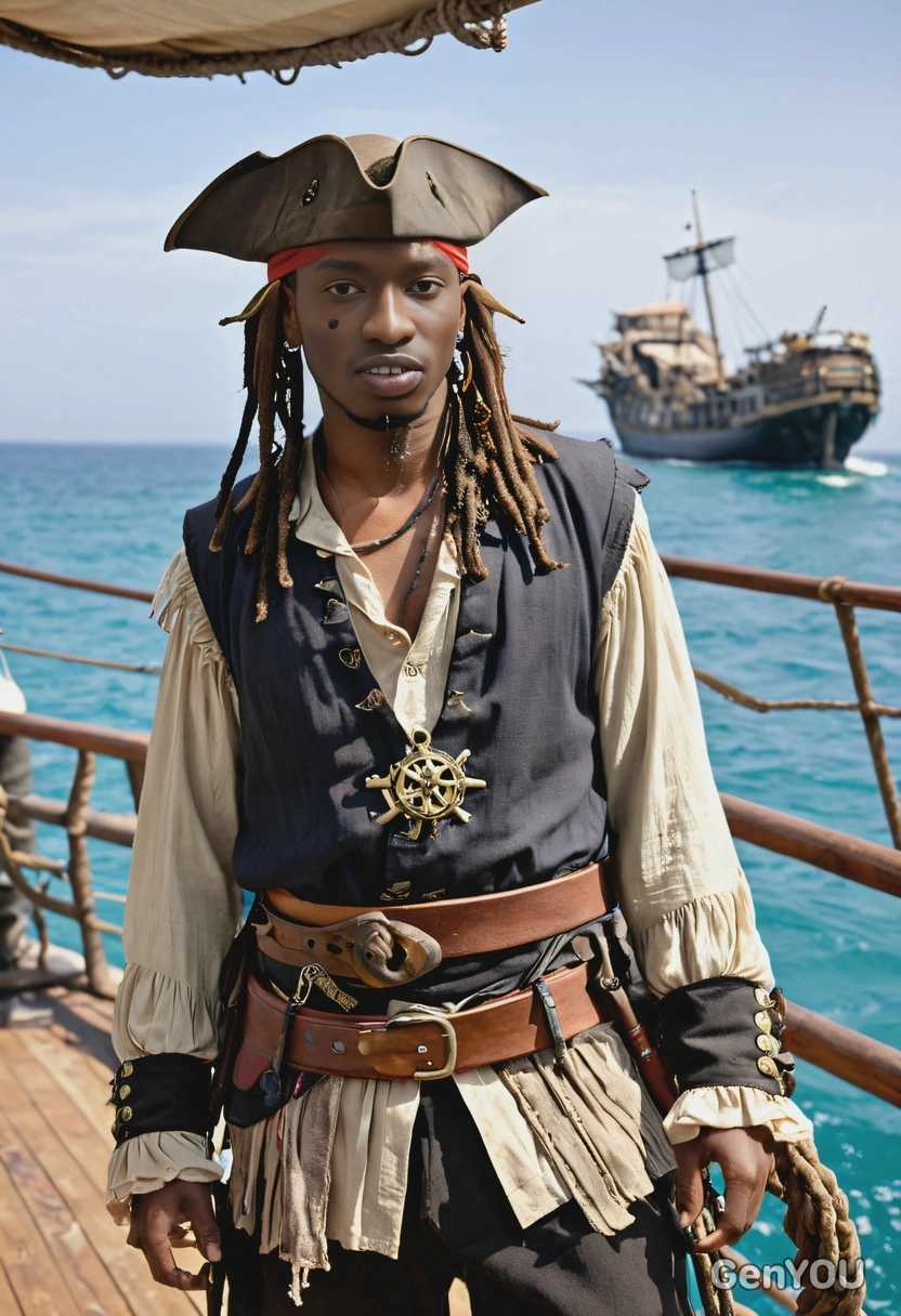 as Jack Sparrow from Pirates of the Caribbean, dressed in his tattered pirate outfit with a tricorn hat and compass, standing on the deck of a ship with the sea raging around