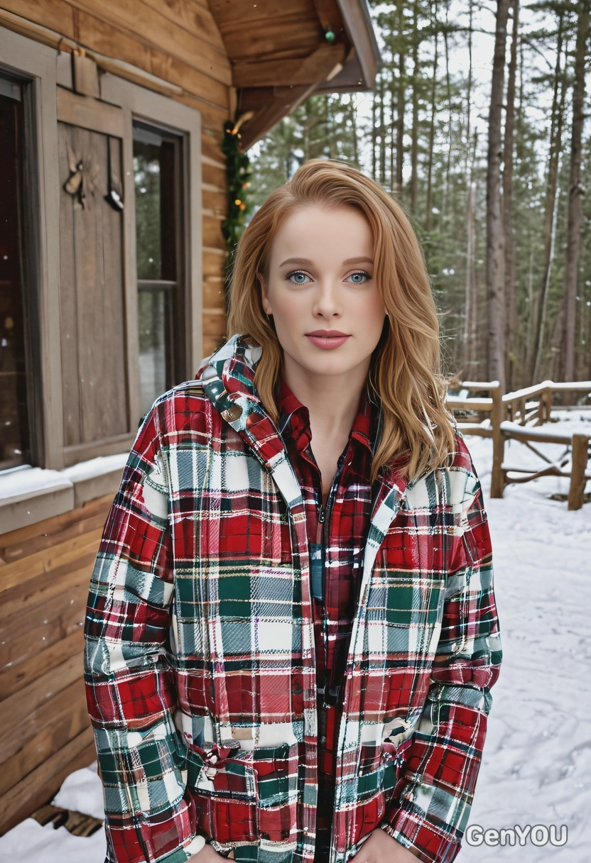 outside a cabin in the woods, wearing a festive plaid jacket, a warm Christmas Eve, with snow on the ground
