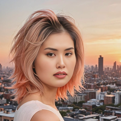 layered shag cut in pastel peach and coral tones, styled with soft texture, with a golden-hour cityscape in the background