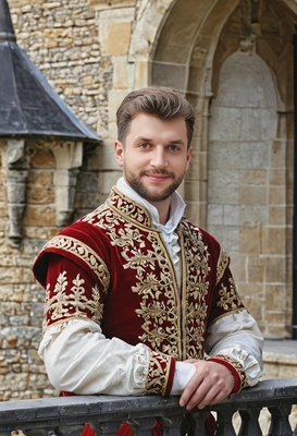 a young royal prince in a velvet doublet, standing on the balcony of a castle with his hand resting on the stone balustrade, half body portrait 